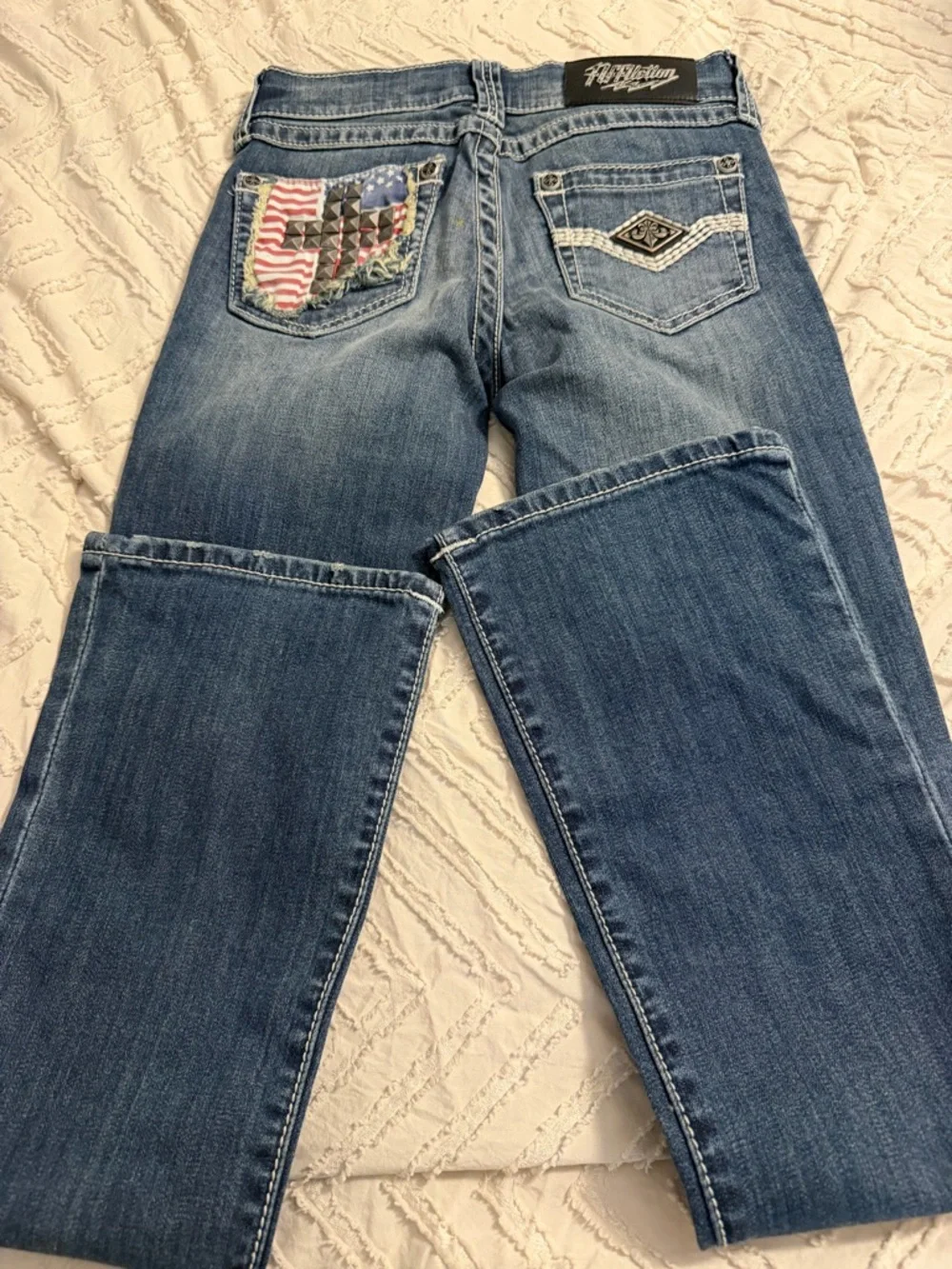 Affliction Women's Blue Distressed Flag-Panel Straight Leg Jeans - Picture 4 of 4